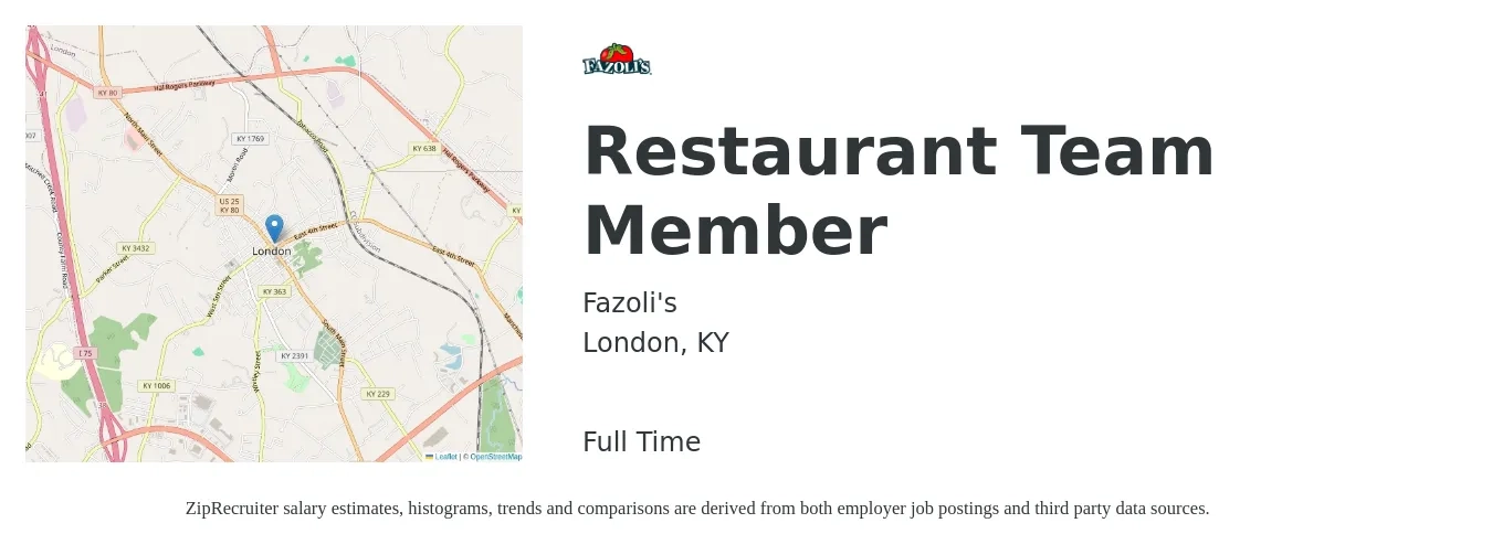 Fazoli's job posting for a Restaurant Team Member in London, KY with a salary of $10 to $13 Hourly with a map of London location.