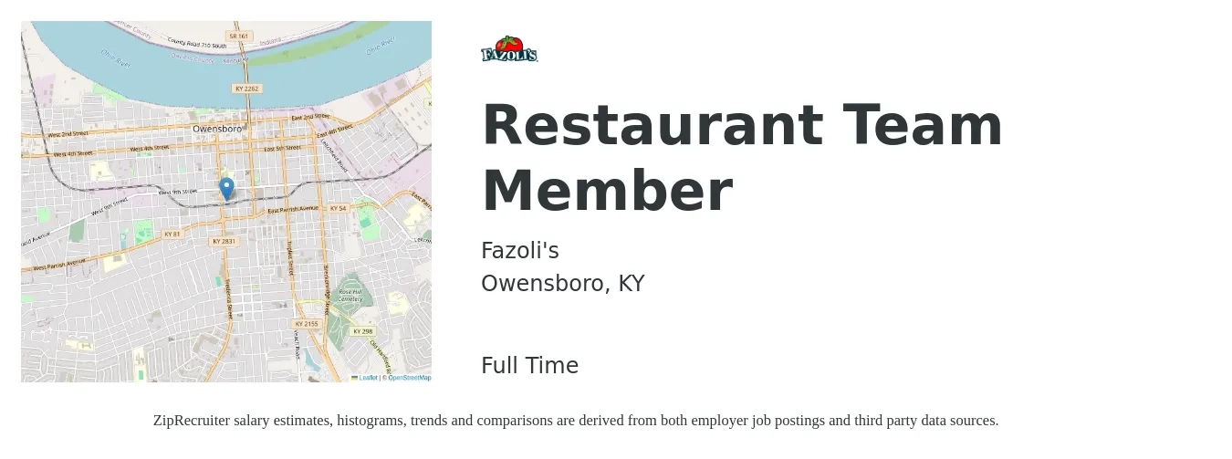 Fazoli's job posting for a Restaurant Team Member in Owensboro, KY with a salary of $12 to $16 Hourly with a map of Owensboro location.