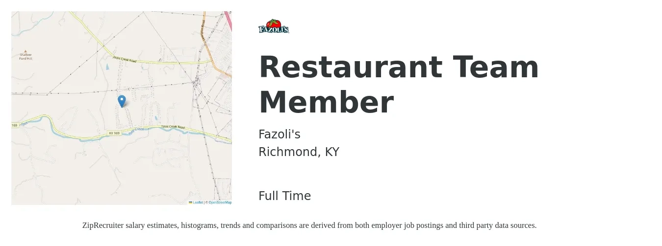 Fazoli's job posting for a Restaurant Team Member in Richmond, KY with a salary of $10 to $13 Hourly with a map of Richmond location.
