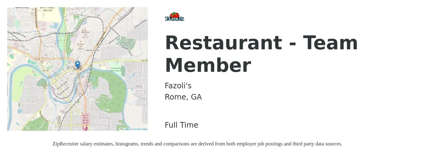 Fazoli's job posting for a Restaurant - Team Member in Rome, GA with a salary of $10 to $13 Hourly with a map of Rome location.