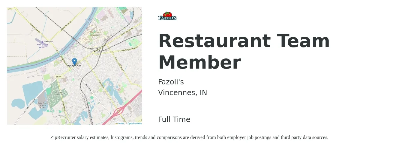 Fazoli's job posting for a Restaurant Team Member in Vincennes, IN with a salary of $10 to $14 Hourly with a map of Vincennes location.