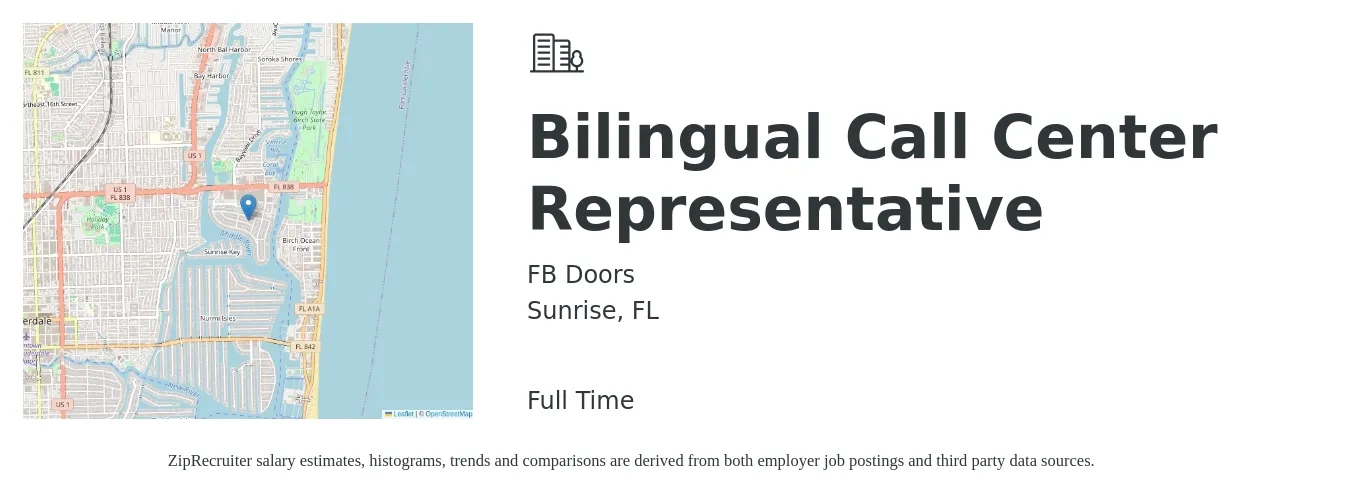 FB Doors job posting for a Bilingual Call Center Representative in Sunrise, FL with a salary of $16 to $23 Hourly with a map of Sunrise location.