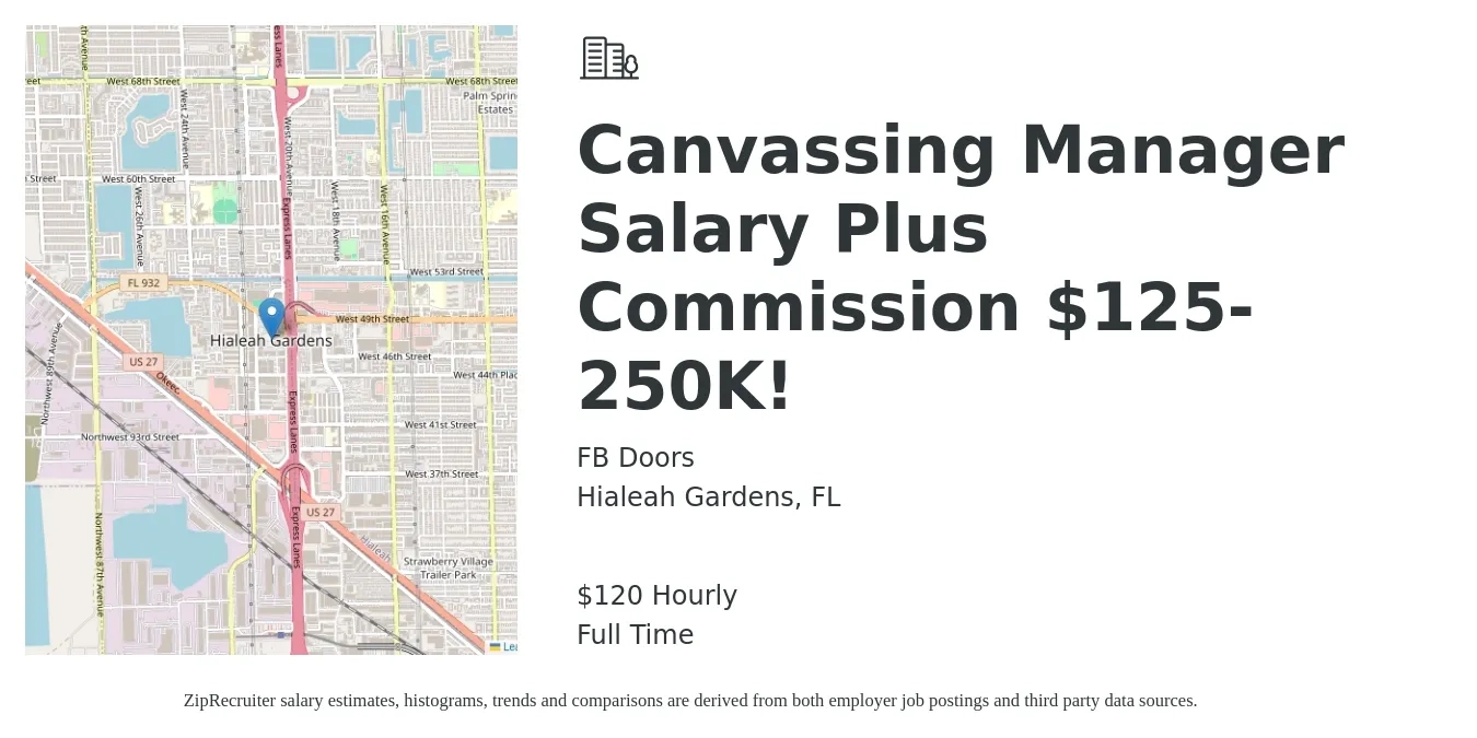 FB Doors job posting for a Canvassing Manager Salary Plus Commission $125-250K! in Hialeah Gardens, FL with a salary of $125 Hourly with a map of Hialeah Gardens location.
