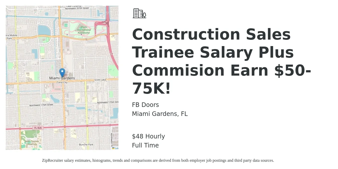 FB Doors job posting for a Construction Sales Trainee Salary Plus Commision Earn $50-75K! in Miami Gardens, FL with a salary of $50 Hourly with a map of Miami Gardens location.