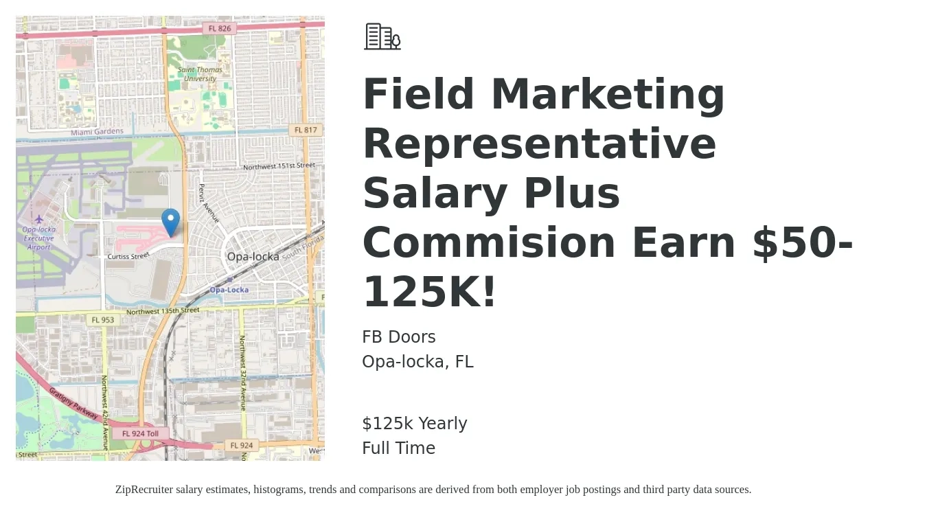 FB Doors job posting for a Field Marketing Representative Salary Plus Commision Earn $50-125K! in Opa-locka, FL with a salary of $125,000 Yearly with a map of Opa-locka location.