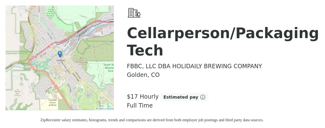 FBBC, LLC DBA HOLIDAILY BREWING COMPANY job posting for a Cellarperson/Packaging Tech in Golden, CO with a salary of $18 Hourly with a map of Golden location.