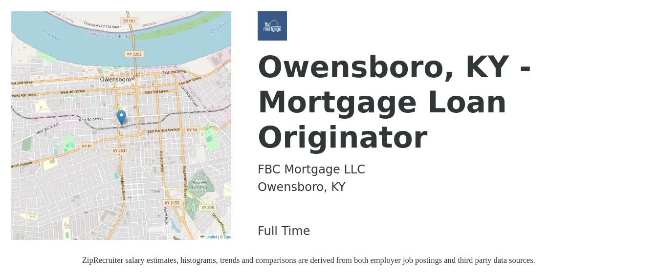 FBC Mortgage LLC job posting for a Owensboro, KY - Mortgage Loan Originator in Owensboro, KY with a salary of $15 to $44 Hourly with a map of Owensboro location.