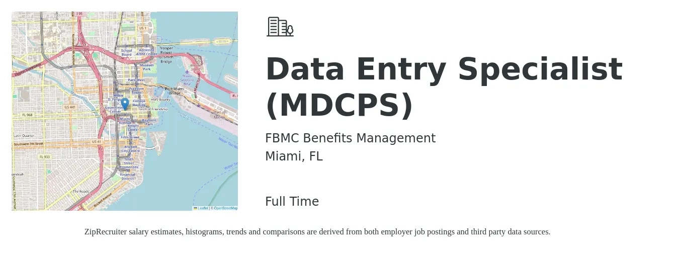 FBMC Benefits Management job posting for a Data Entry Specialist (MDCPS) in Miami, FL with a salary of $16 to $22 Hourly with a map of Miami location.
