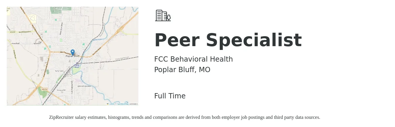 FCC Behavioral Health job posting for a Peer Specialist in Poplar Bluff, MO with a salary of $16 to $21 Hourly with a map of Poplar Bluff location.