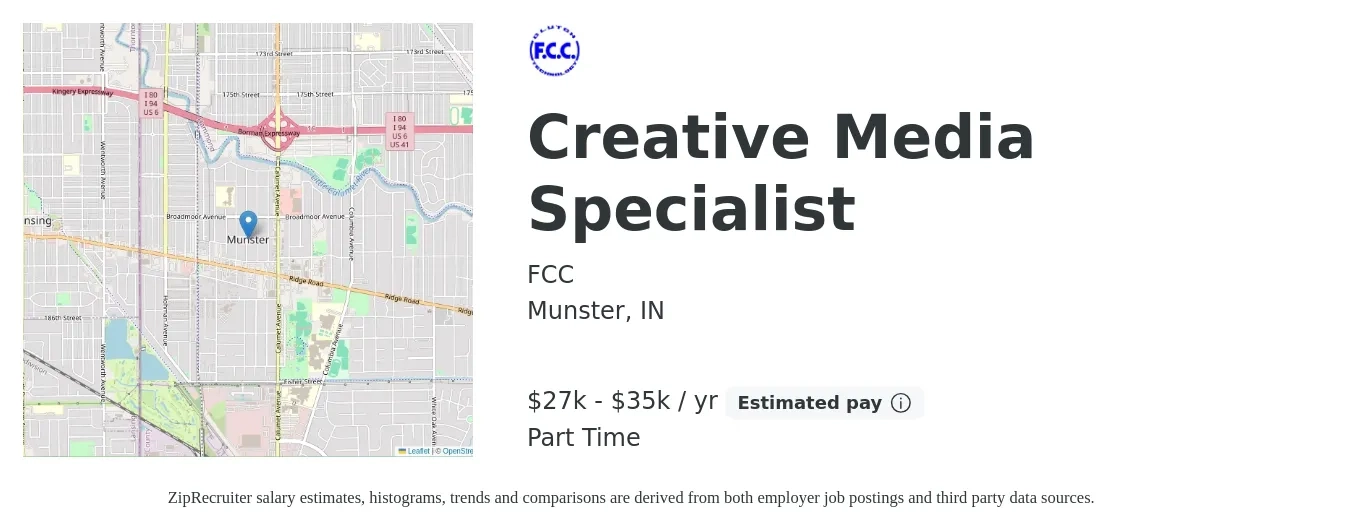 FCC job posting for a Creative Media Specialist in Munster, IN with a salary of $27,000 to $35,000 Yearly with a map of Munster location.