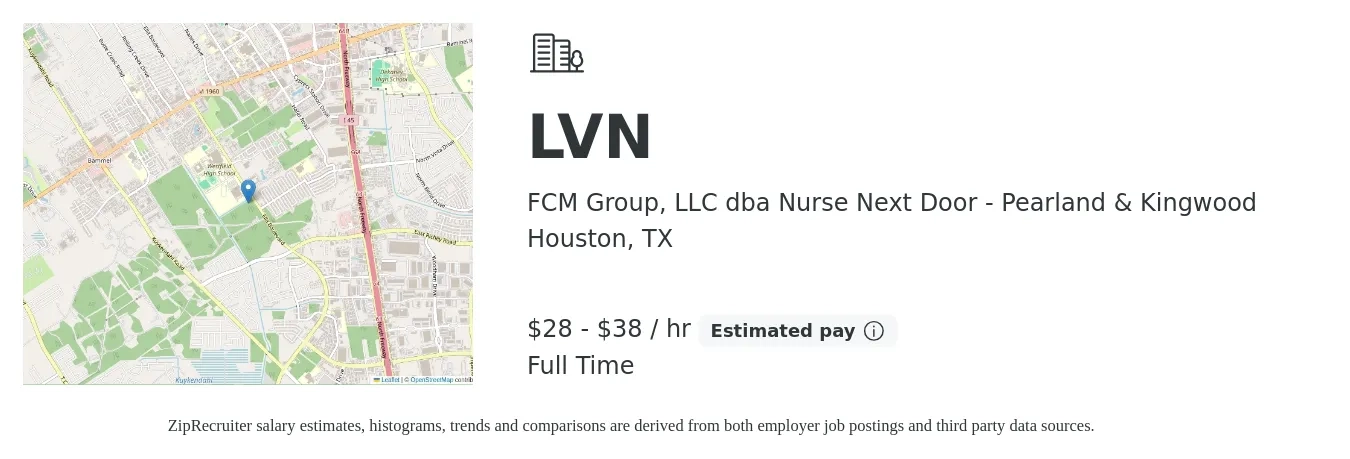 FCM Group, LLC dba Nurse Next Door - Pearland & Kingwood job posting for a LVN in Houston, TX with a salary of $30 to $40 Hourly with a map of Houston location.