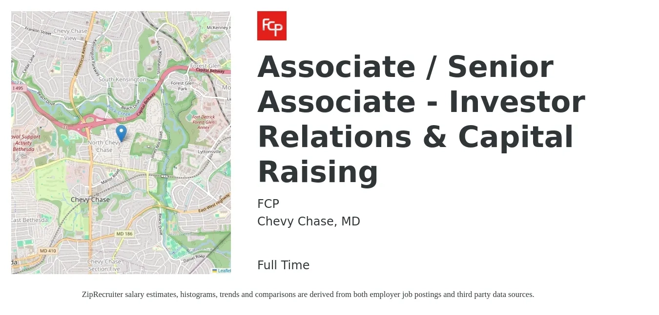FCP job posting for a Associate / Senior Associate - Investor Relations & Capital Raising in Chevy Chase, MD with a salary of $66,100 to $143,400 Yearly with a map of Chevy Chase location.