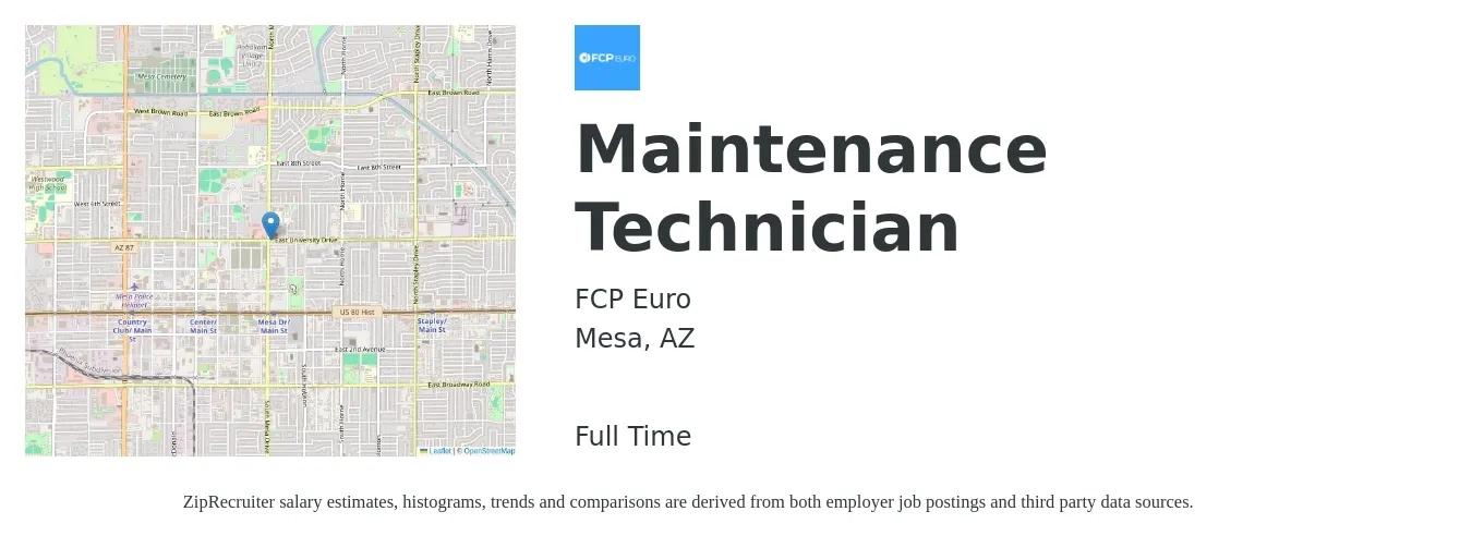FCP Euro job posting for a Maintenance Technician in Mesa, AZ with a salary of $18 to $26 Hourly with a map of Mesa location.