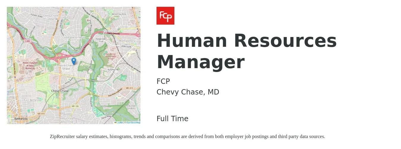 FCP job posting for a Human Resources Manager in Chevy Chase, MD with a salary of $73,600 to $106,700 Yearly with a map of Chevy Chase location.