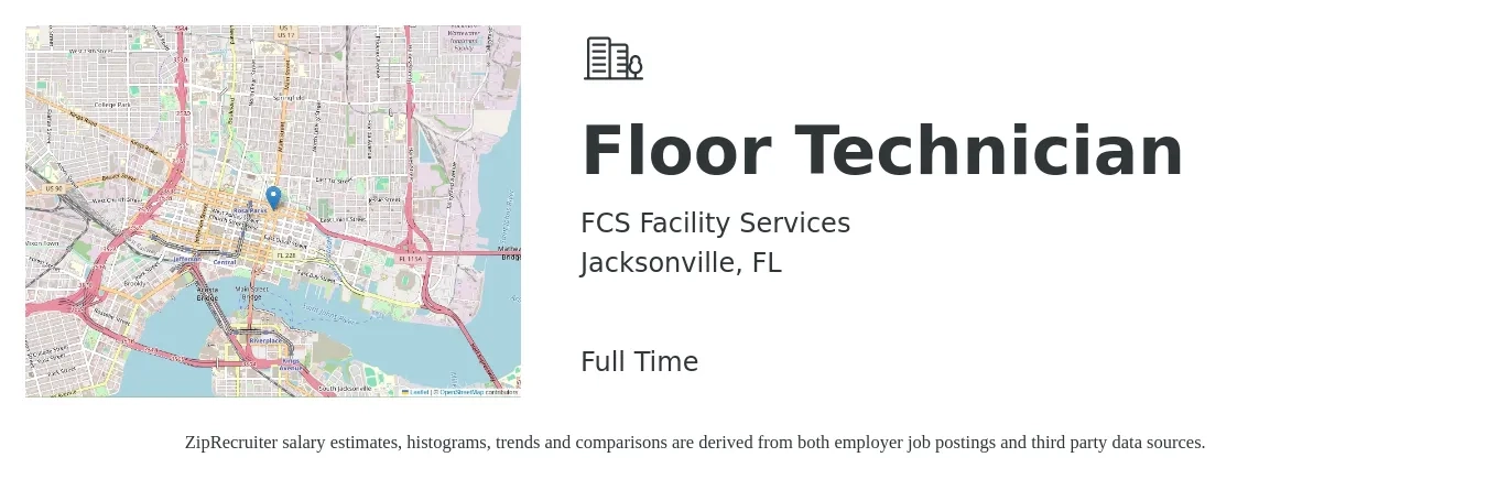 FCS Facility Services job posting for a Floor Technician in Jacksonville, FL with a salary of $14 to $16 Hourly with a map of Jacksonville location.