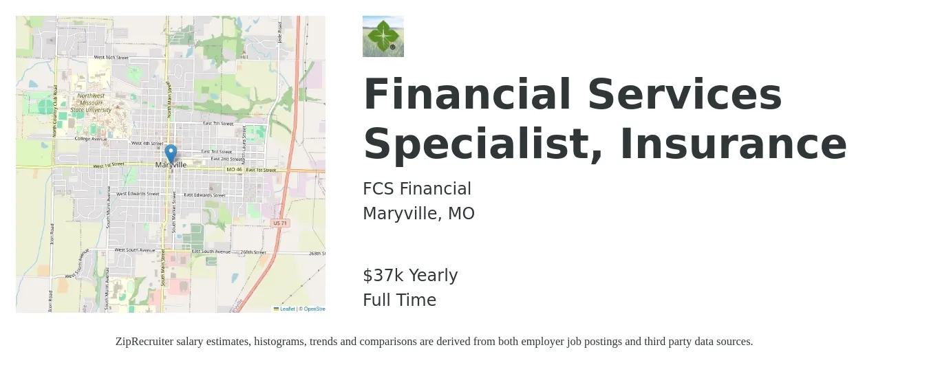 FCS Financial job posting for a Financial Services Specialist, Insurance in Maryville, MO with a salary of $37,000 Yearly with a map of Maryville location.
