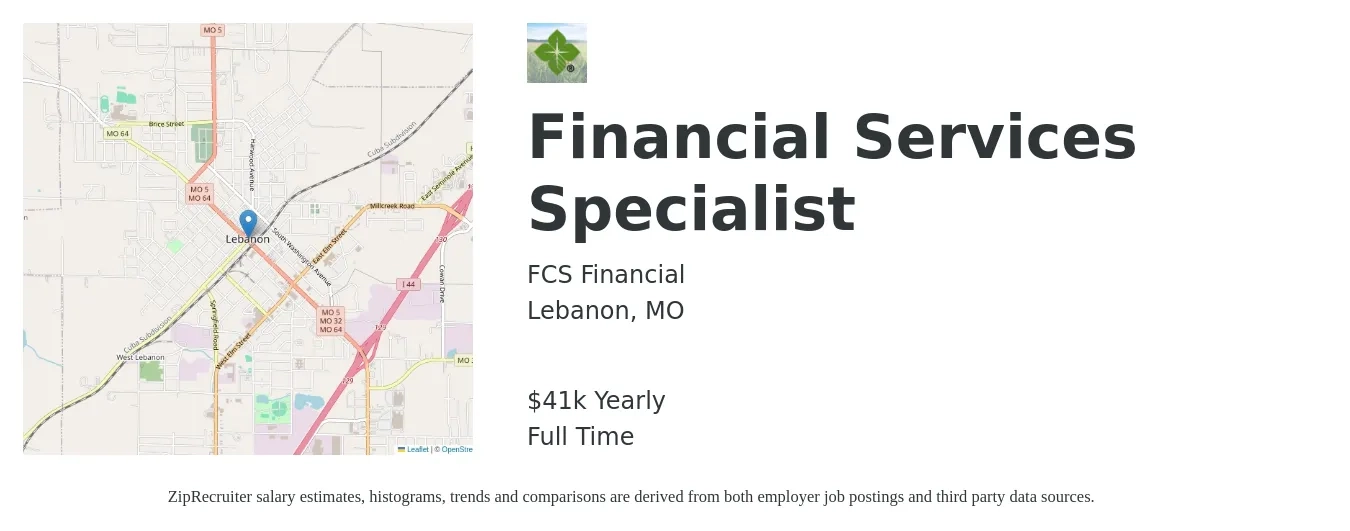FCS Financial job posting for a Financial Services Specialist in Lebanon, MO with a salary of $41,000 Yearly with a map of Lebanon location.