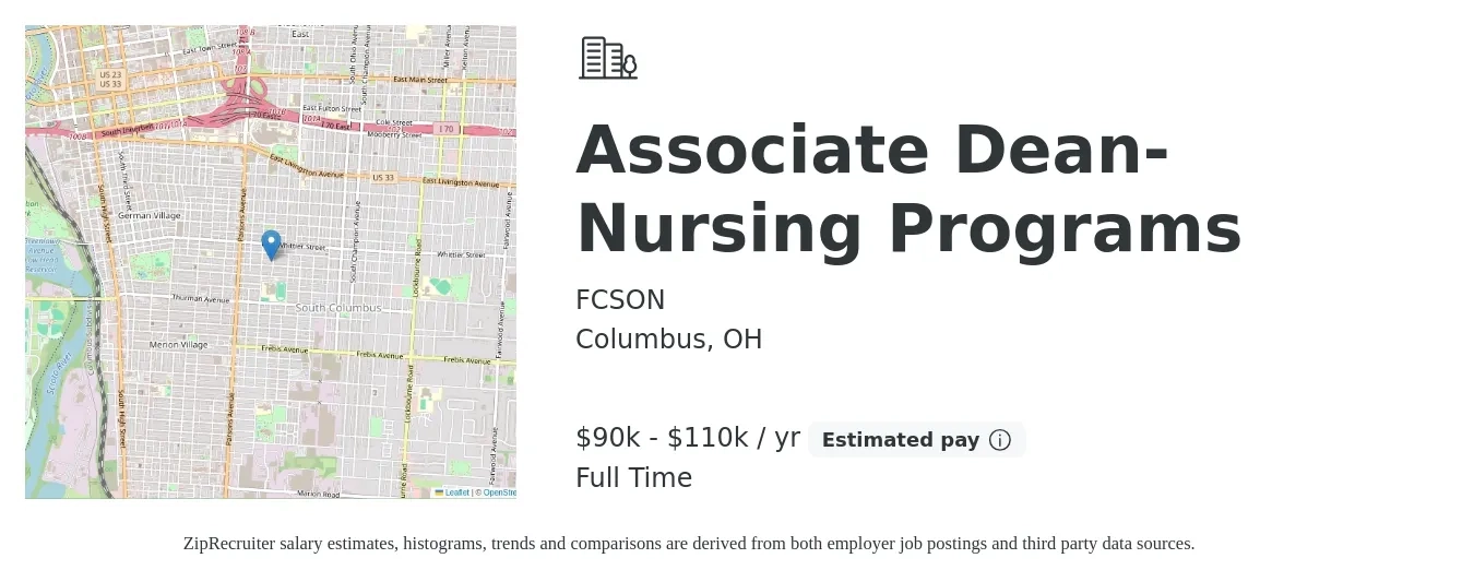 FCSON job posting for a Associate Dean-Nursing Programs in Columbus, OH with a salary of $90,000 to $110,000 Yearly with a map of Columbus location.