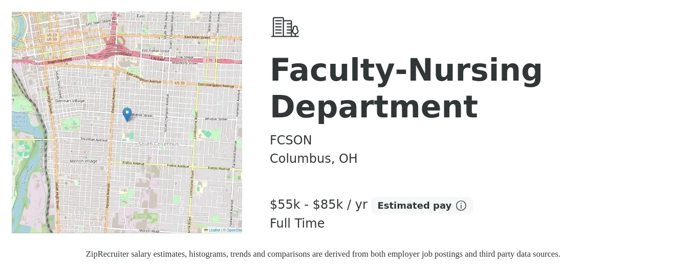 FCSON job posting for a Faculty-Nursing Department in Columbus, OH with a salary of $55,000 to $85,000 Yearly with a map of Columbus location.
