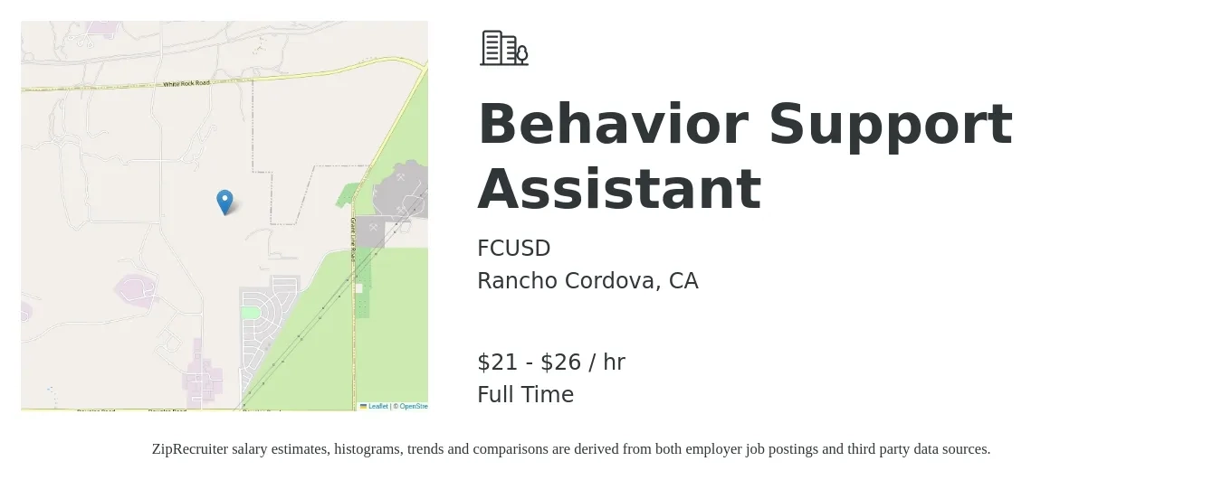 FCUSD job posting for a Behavior Support Assistant in Rancho Cordova, CA with a salary of $21 to $26 Hourly with a map of Rancho Cordova location.