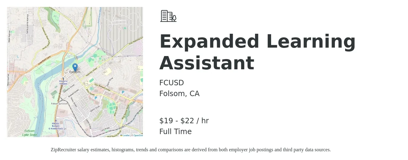 FCUSD job posting for a Expanded Learning Assistant in Folsom, CA with a salary of $20 to $23 Hourly with a map of Folsom location.