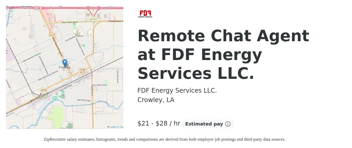 FDF Energy Services LLC. job posting for a Remote Chat Agent at FDF Energy Services LLC. in Crowley, LA with a salary of $22 to $30 Hourly with a map of Crowley location.