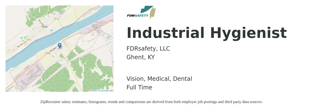 FDRsafety, LLC job posting for a Industrial Hygienist in Ghent, KY with a salary of $42,600 to $85,700 Yearly and benefits including dental, life_insurance, medical, retirement, and vision with a map of Ghent location.