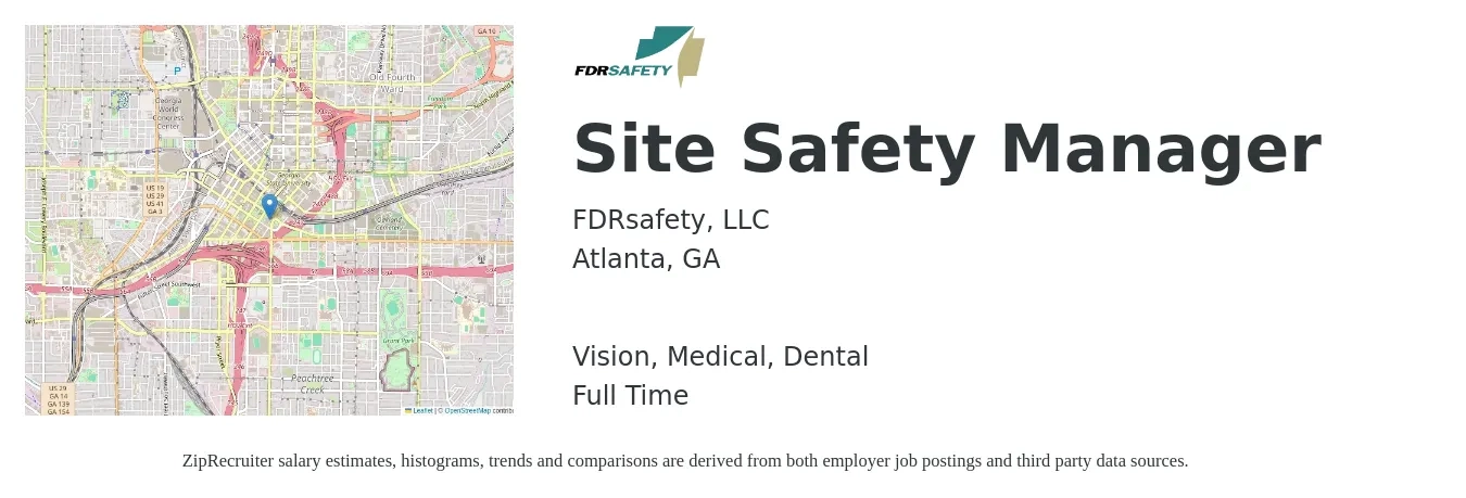 FDRsafety, LLC job posting for a Site Safety Manager in Atlanta, GA with a salary of $36 to $51 Hourly and benefits including medical, pto, retirement, vision, dental, and life_insurance with a map of Atlanta location.