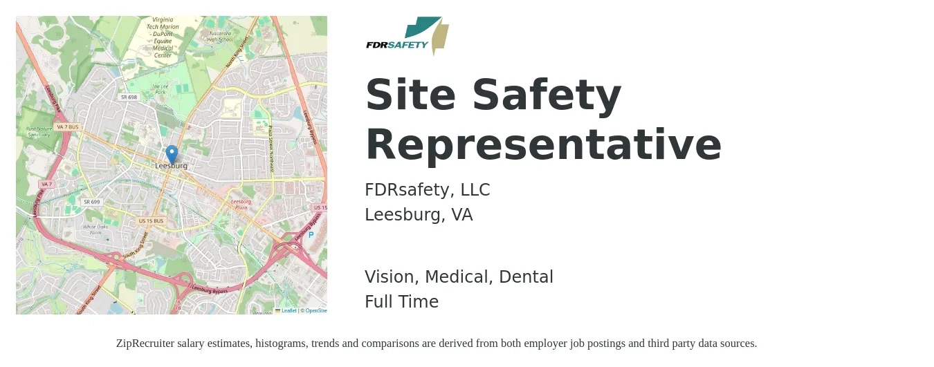 FDRsafety, LLC job posting for a Site Safety Representative in Leesburg, VA with a salary of $25 to $38 Hourly and benefits including life_insurance, medical, pto, retirement, vision, and dental with a map of Leesburg location.