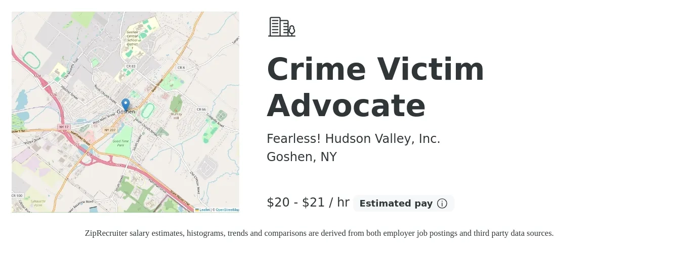 Fearless! Hudson Valley, Inc. job posting for a Crime Victim Advocate in Goshen, NY with a salary of $21 to $23 Hourly with a map of Goshen location.