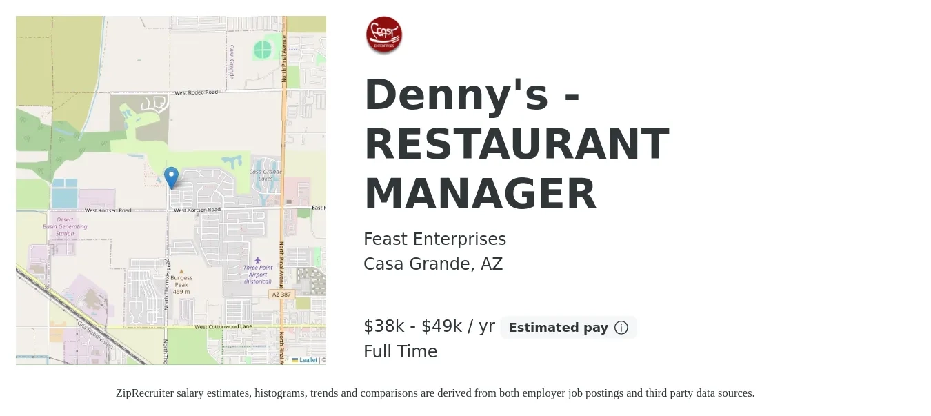 Feast Enterprises job posting for a Denny's - RESTAURANT MANAGER in Casa Grande, AZ with a salary of $38,000 to $49,000 Yearly with a map of Casa Grande location.