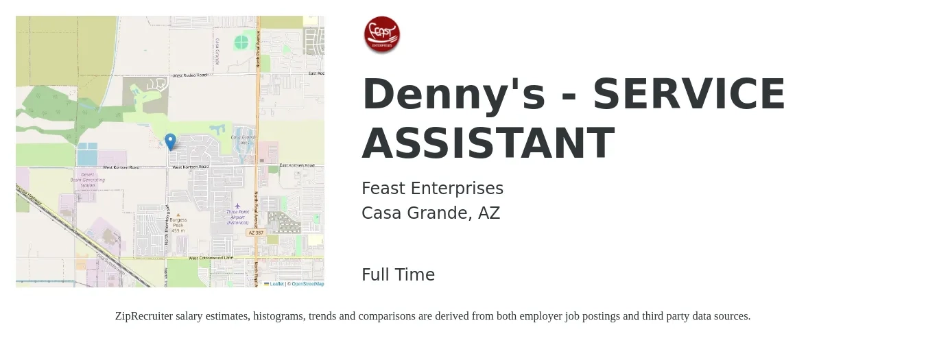 Feast Enterprises job posting for a Denny's - SERVICE ASSISTANT in Casa Grande, AZ with a salary of $14 to $19 Hourly with a map of Casa Grande location.