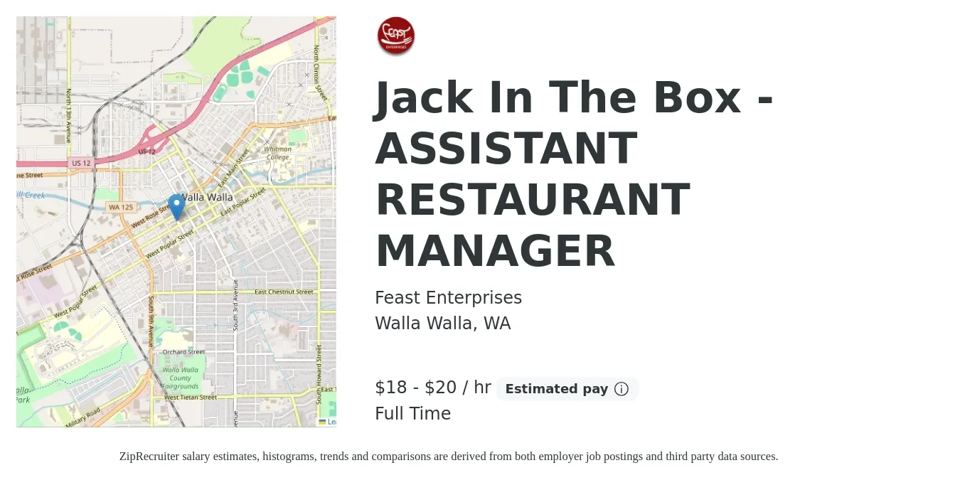 Feast Enterprises job posting for a Jack In The Box - ASSISTANT RESTAURANT MANAGER in Walla Walla, WA with a salary of $17 to $21 Hourly with a map of Walla Walla location.