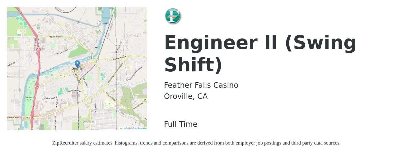 Feather Falls Casino job posting for a Engineer II (Swing Shift) in Oroville, CA with a salary of $19 to $35 Hourly with a map of Oroville location.