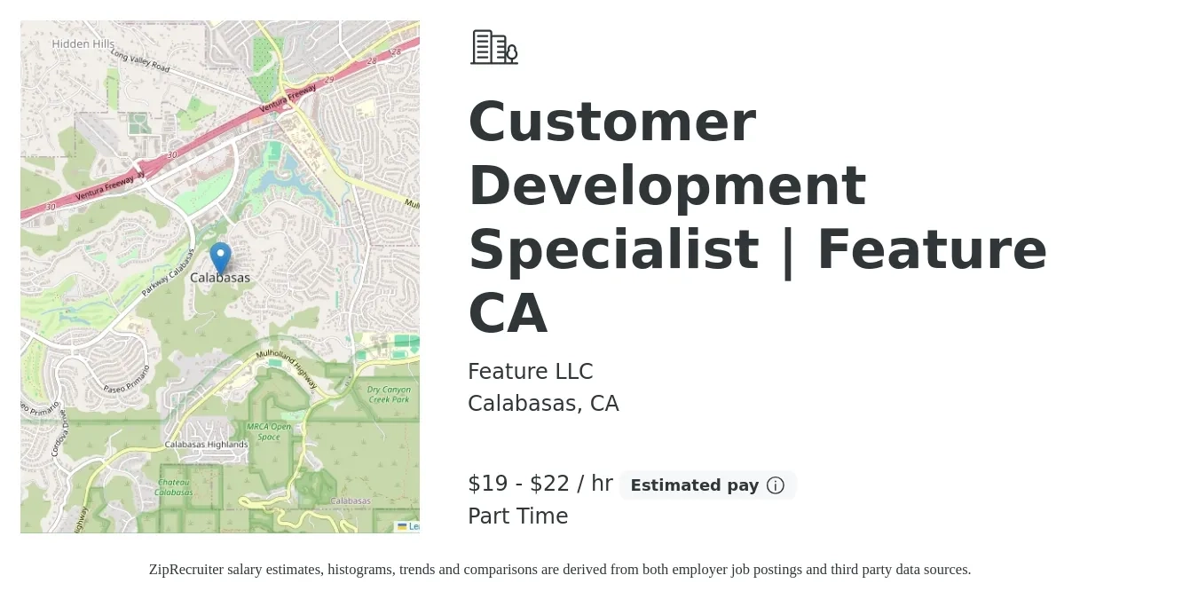 Feature LLC job posting for a Customer Development Specialist | Feature CA in Calabasas, CA with a salary of $20 to $23 Hourly with a map of Calabasas location.
