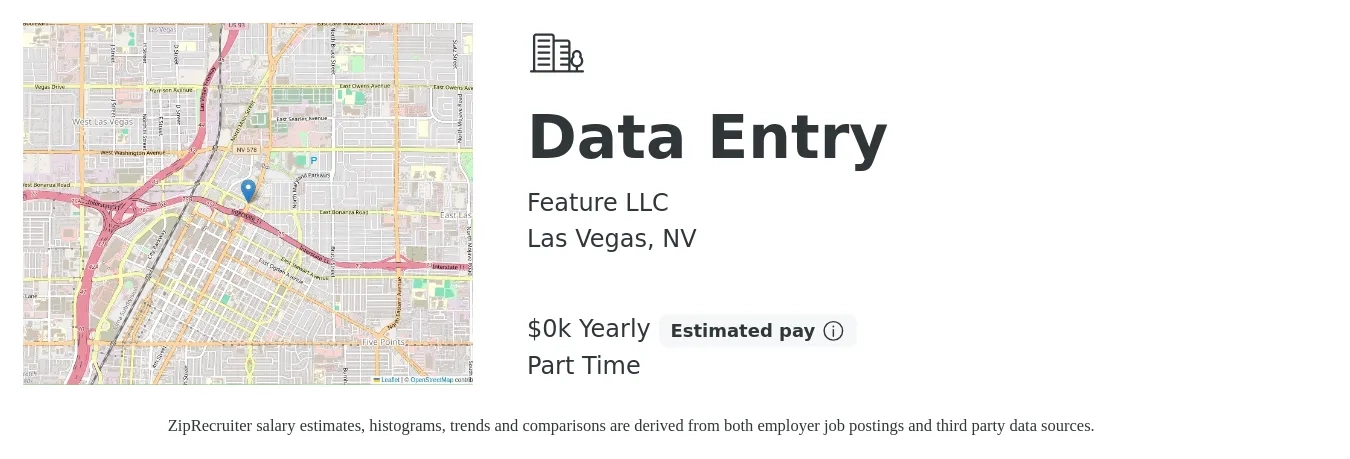 Feature LLC job posting for a Data Entry in Las Vegas, NV with a salary of $15 to $16 Yearly with a map of Las Vegas location.