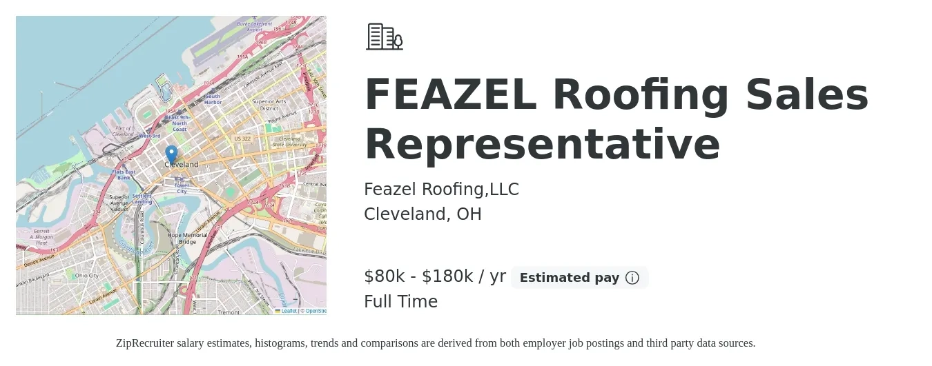 Feazel Roofing,LLC job posting for a FEAZEL Roofing Sales Representative in Cleveland, OH with a salary of $80,000 to $180,000 Yearly with a map of Cleveland location.