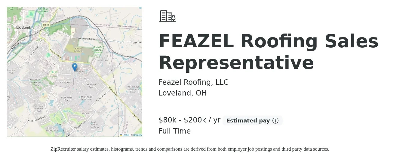 Feazel Roofing, LLC job posting for a FEAZEL Roofing Sales Representative in Loveland, OH with a salary of $80,000 to $200,000 Yearly with a map of Loveland location.