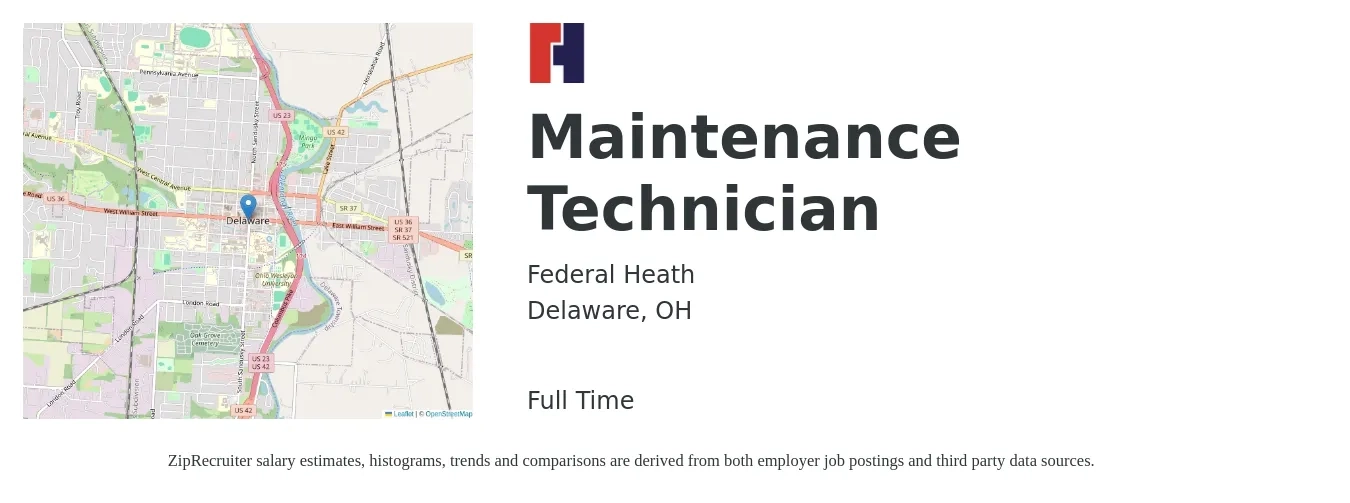 Federal Heath job posting for a Maintenance Technician in Delaware, OH with a salary of $18 to $26 Hourly with a map of Delaware location.