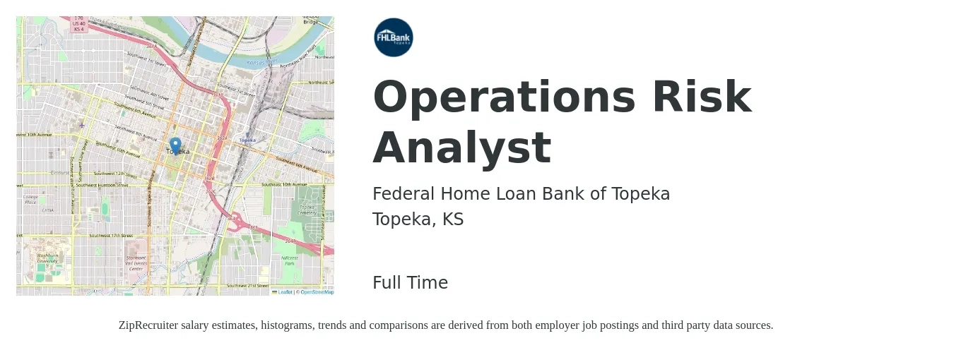 Federal Home Loan Bank of Topeka job posting for a Operations Risk Analyst in Topeka, KS with a salary of $61,600 to $98,300 Yearly with a map of Topeka location.