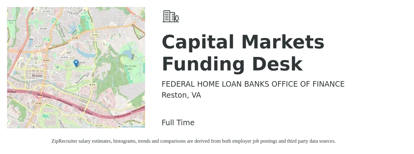 FEDERAL HOME LOAN BANKS OFFICE OF FINANCE job posting for a Capital Markets Funding Desk in Reston, VA with a salary of $21 to $29 Hourly with a map of Reston location.