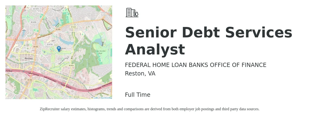 FEDERAL HOME LOAN BANKS OFFICE OF FINANCE job posting for a Senior Debt Services Analyst in Reston, VA with a salary of $91,700 to $121,400 Yearly with a map of Reston location.