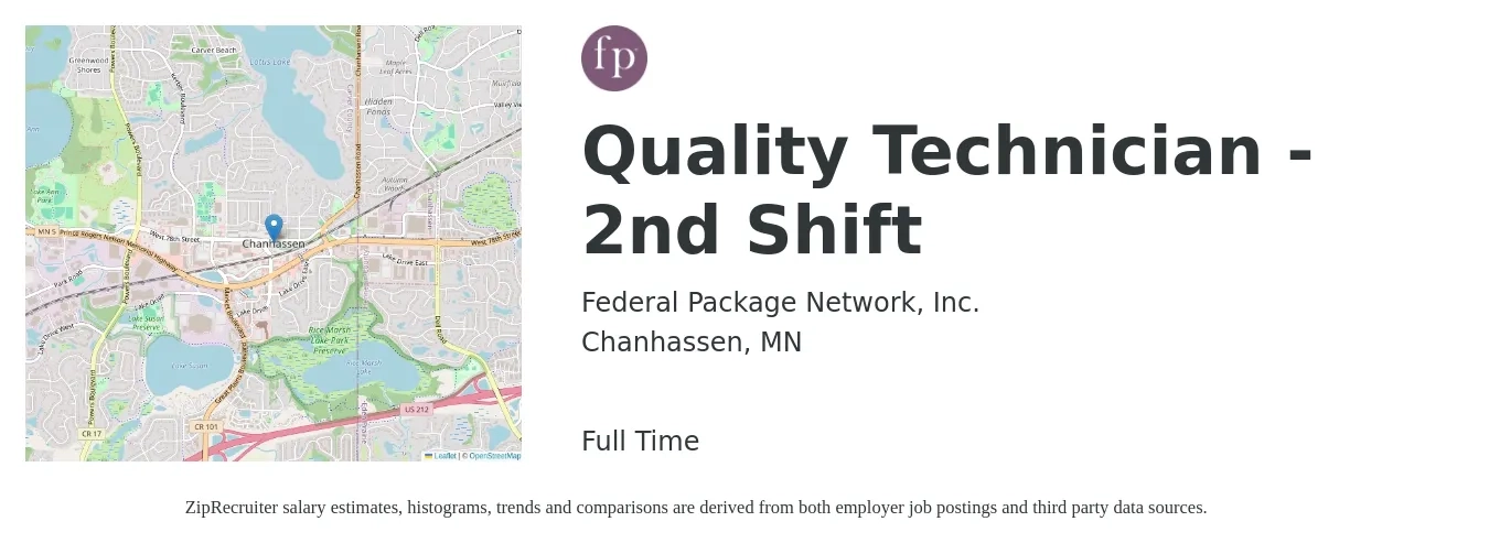 Federal Package Network, Inc. job posting for a Quality Technician - 2nd Shift in Chanhassen, MN with a salary of $18 to $25 Hourly with a map of Chanhassen location.