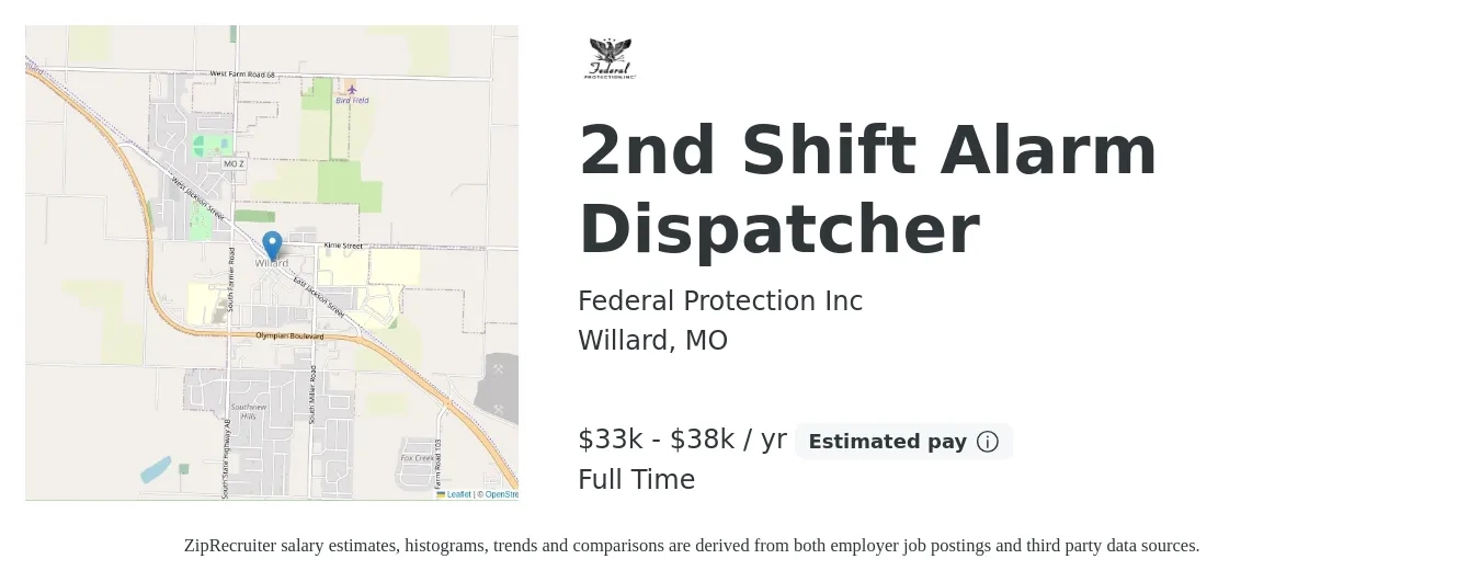 Federal Protection Inc job posting for a 2nd Shift Alarm Dispatcher in Willard, MO with a salary of $33,000 to $38,000 Yearly with a map of Willard location.