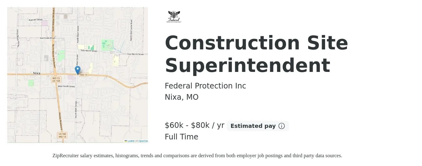 Federal Protection Inc job posting for a Construction Site Superintendent in Nixa, MO with a salary of $60,000 to $80,000 Yearly with a map of Nixa location.