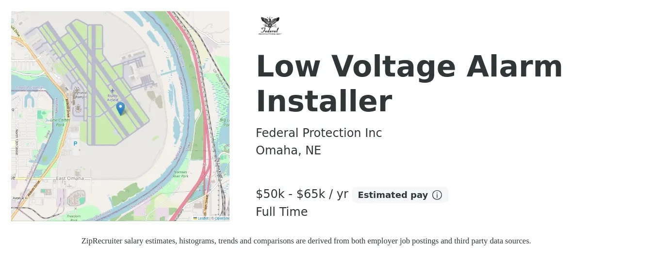 Federal Protection Inc job posting for a Low Voltage Alarm Installer in Omaha, NE with a salary of $50,000 to $65,000 Yearly with a map of Omaha location.