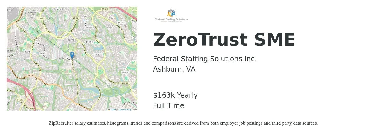 Federal Staffing Solutions Inc. job posting for a ZeroTrust SME in Ashburn, VA with a salary of $163,000 Yearly with a map of Ashburn location.