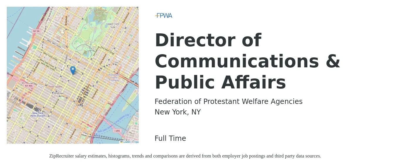 Federation of Protestant Welfare Agencies job posting for a Director of Communications & Public Affairs in New York, NY with a salary of $97,500 to $187,900 Yearly with a map of New York location.