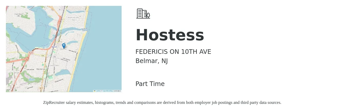 FEDERICIS ON 10TH AVE job posting for a Hostess in Belmar, NJ with a salary of $100 to $400 Weekly with a map of Belmar location.