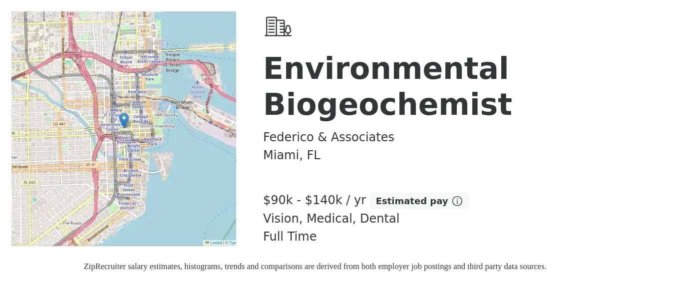 Federico & Associates job posting for a Environmental Biogeochemist in Miami, FL with a salary of $90,000 to $140,000 Yearly and benefits including pto, vision, dental, and medical with a map of Miami location.